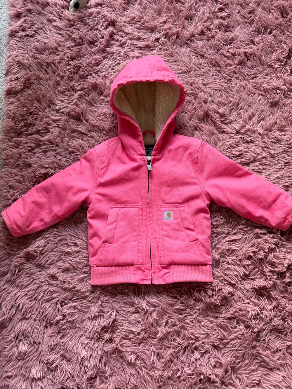 Carhartt Kids Hooded Puffer Jacket in Pink with Sherpa Lining